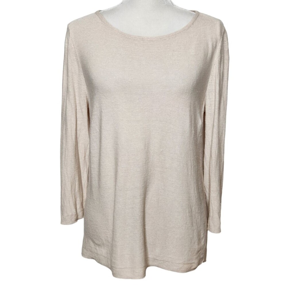 J Jill Womens M Linen Blend Top 3/4 Sleeve Knit Shirt Light Tan